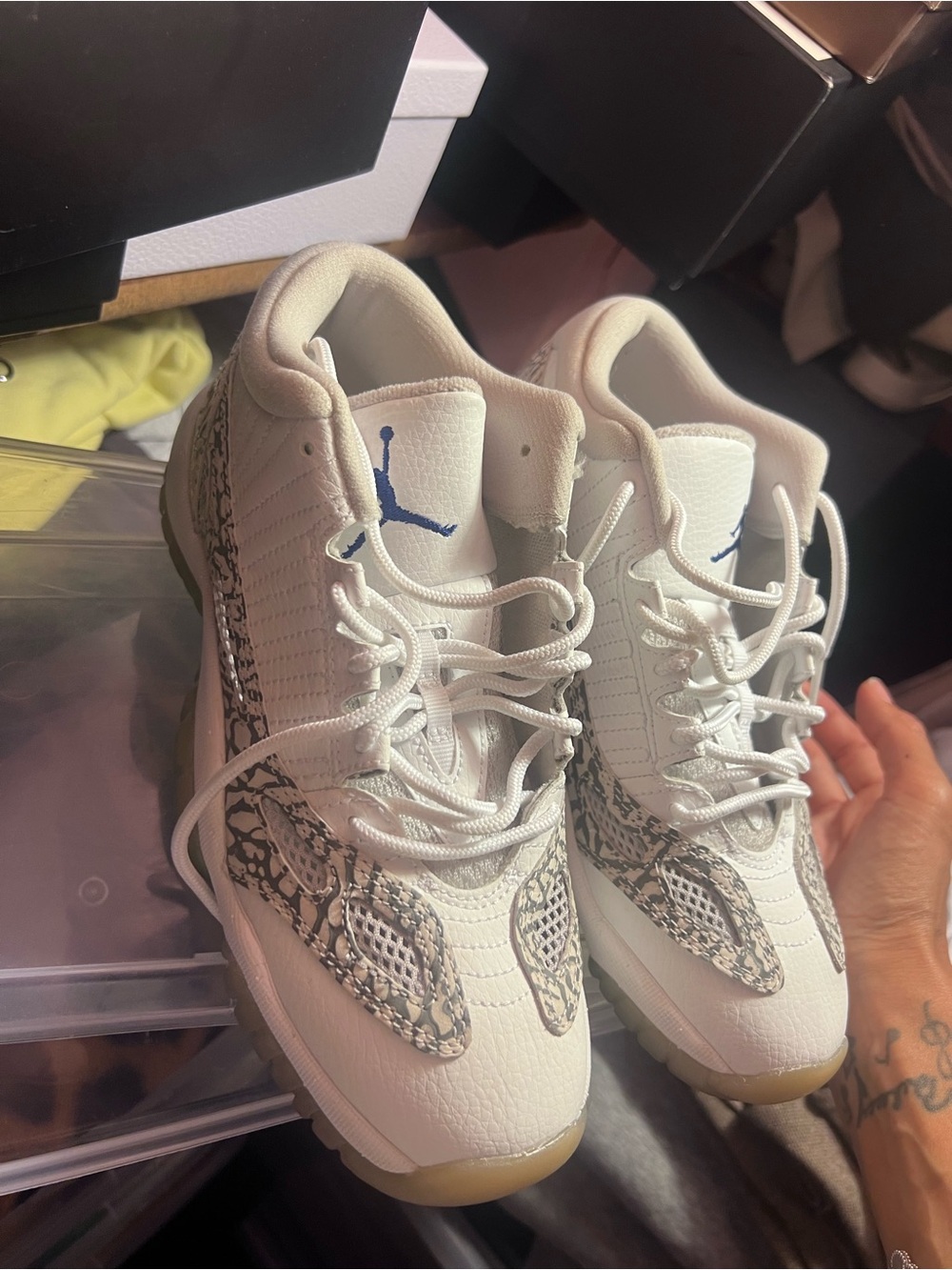 Jordan Women's White Sneakers with Blue Jumpman and Gray Elephant Print